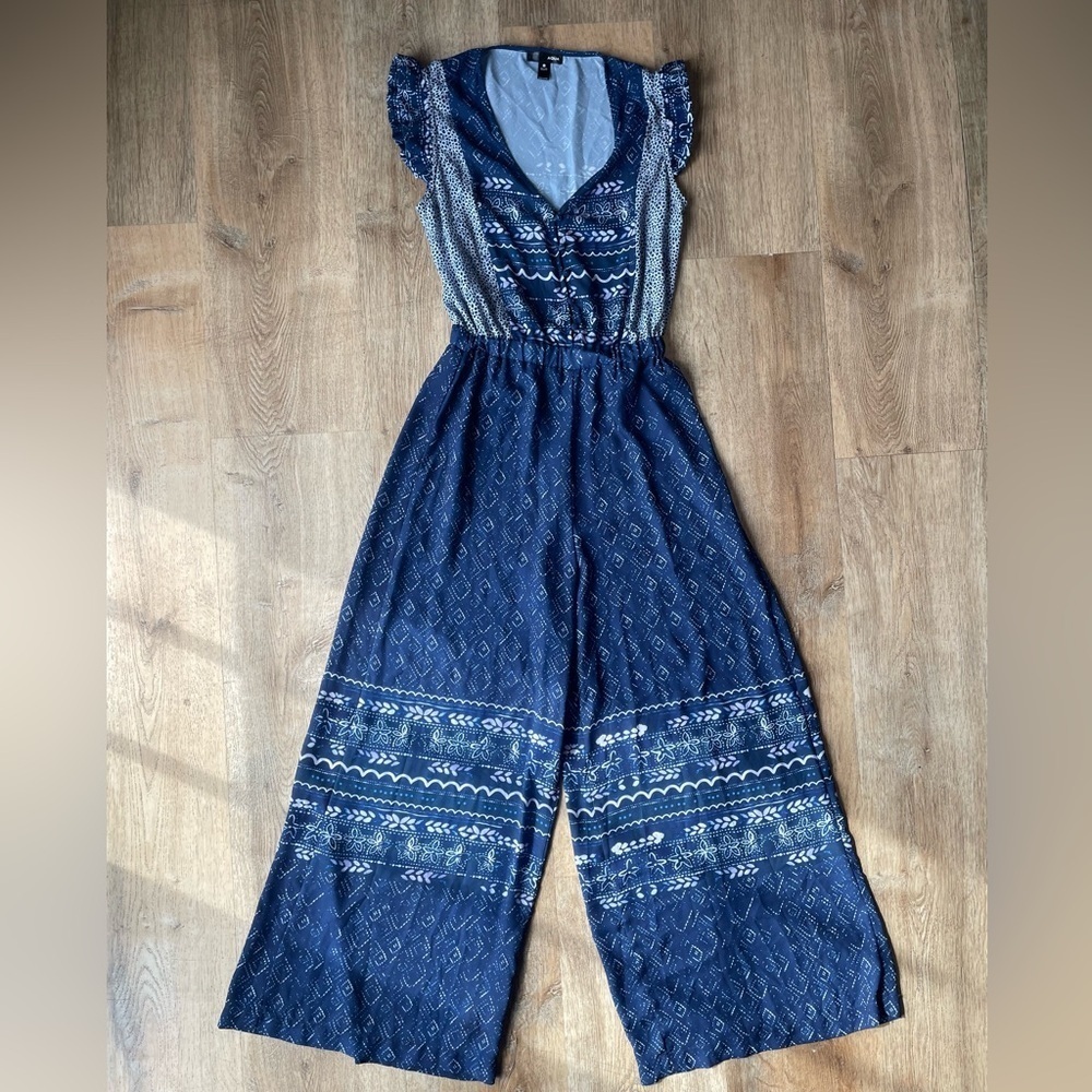 Aqua Navy Blue Boho Wide Leg Jumpsuit Women’s Size Small Flutter Sleeve
